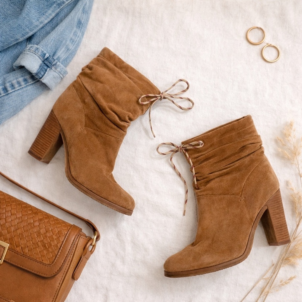 See by Chloe’ suede ruched slouchy tie lace chunky heel ankle boot ❤️